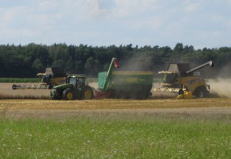 Traktoren bei der Ernte auf einem Feld