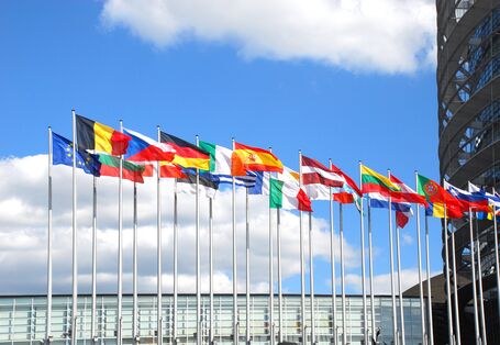 Flaggen der EU und von EU-Mitgliedsstaaten an Fahnenmasten