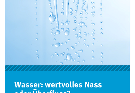 Cover des Faltblatts "Wasser: wertvolles Nass oder Überfluss?" mit einem Foto eines tropfenden Duschkopfs und dem Logo des Umweltbundesamtes