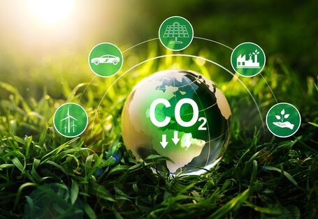 a green globe lies in green grass, inside it the word "CO2" with three arrows pointing down. Around the globe placed five icons: Wind turbines, e-car, solar plant, power plant and hand with leaves.