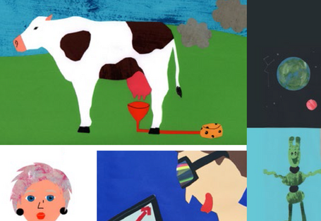 bunte, von Kindern gemalte Bilder zeigen eine Kuh, die Methan-Wolken ausstößt, grüne Marsmännchen, eine Frau und einen Jungen, der mit einer futuristischen Brille vor einem Laptop sitzt