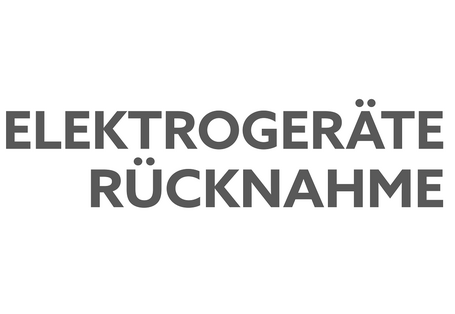 Logo aus dem Schriftzug "Elektrogeräterücknahme" und einem Piktogramm, das einen Stecker inmitten von zwei im Kreis laufenden Pfeilen zeigt