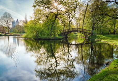 in einem Park spiegeln sich Bäume und eine Brücke in einem Teich, im Hintergrund Gebäude einer Großstadt