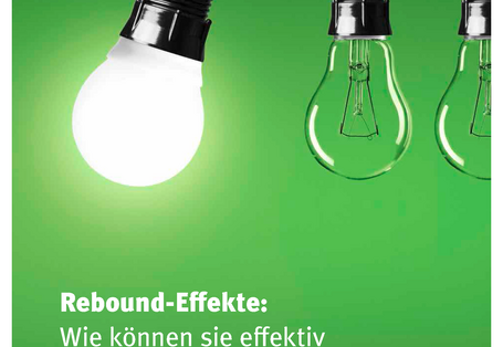 Cover des Handbuchs "Rebound-Effekte: Wie können sie effektiv begrenzt werden?" mit einem Bild einer leuchtenden Energiesparlampe, die an ihrer Fassung gegen zwei ausgeschaltete Glühlampen schwingt