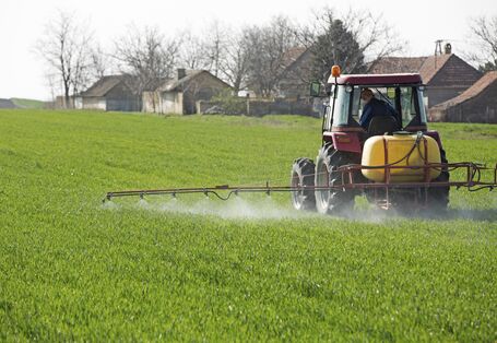 ein Traktor spritzt Pestizide auf einem Feld