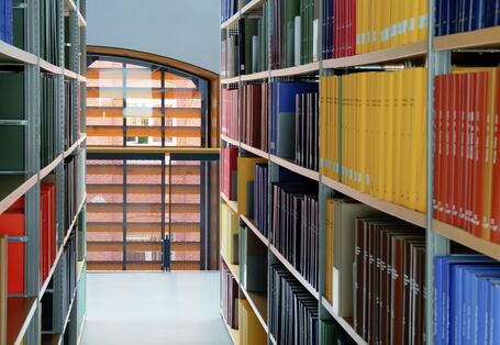 Bookshelves in red, yellow, blue and black