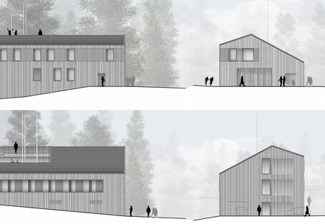 die gezeichnete Ansichten aller vier Seiten des geplanten Gebäudes zeigen ein zweigeschossiges Gebäude mit Satteldach und hochformatigen Fenstern