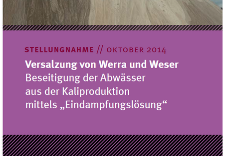 Publikationencover mit dem Titel "Stellungnahme Oktober 2014, Versalzung von Werra und Weser – Beseitigung der Abwässer aus der Kaliproduktion mittels „Eindampfungslösung"", dem Logo des Umweltbundesamtes und einem Foto einer Kalihalde