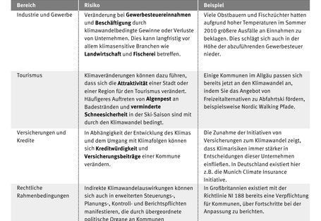 Indirekte Auswikungen auf Kommunen gibt es in den Bereichen: Industrie und Gewerbe, Tourismus, Versicherungen und Kredite, Rechtliche Rahmenbedingungen