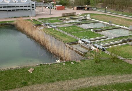Ein größerer Teich und mehrere kleine Becken, dahinter ein Parkplatz und Gebäude