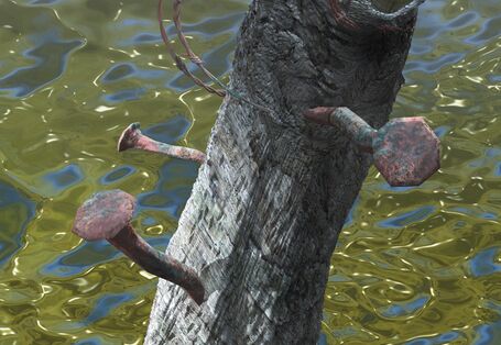 Gemälde eines Baumstamms, der aus dem Wasser ragt, in ihm stecken rostige Nägel