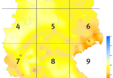 Auf einer Deutschlandkarte sind die mit Ozon belasteten Regionen farblich markiert