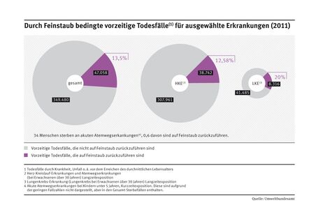 Von 349.480 vorzeitigen Todesfällen sind 47.058 (13,5%) Feinstaub bedingt. Davon sind 307.961 (gesamt) bzw. 38.742 (Feinstaub bedingt) Herz-Kreislauf-Erkrankungen und Atemwegserkrankungen. 41.485 bzw. 8.316 sind Lungenkrebs-Erkrankungen.