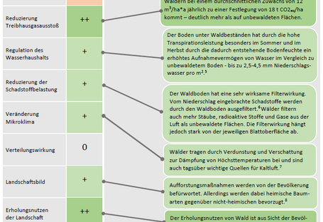 Darstellung einer erweiterten Bewertung der Maßnahme Aufforstung / Wiederaufforstung nach den Kriterien Biodiversität, Reduzierung Treibhausgasausstoß, Regulation des Wasserhaushalts, Reduzierung der Schadstoffbelastung, Veränderung Mikroklima, Landschaftsbild, Erholungsnutzen der Landschaft, Gesamtbilanz Wohlfahrtseffekte