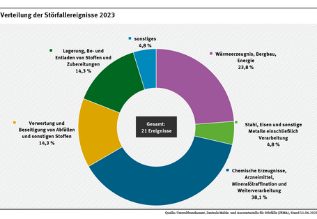 Diagramm: 38,1 % der Störfälle traten 2023 in der chemischen Industrie und in der Erdölraffination auf. Der Bereich Verwertung und Beseitigung von Abfällen und sonstigen Stoffen war mit 14,3 %, die Metallindustrie mit  4,8 %, der Lagerbereich mit14,3 % und der Bereich Wärmeerzeugnis, Bergbau, Energie mit 23,8 % betroffen. Sonstige Anlagen lagen bei 4,8 %.
