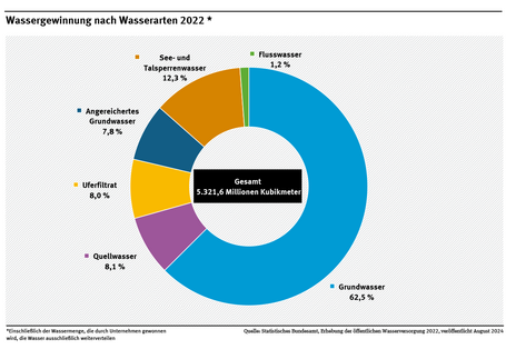 Diagramm: Die Wasserversorger gewannen im Jahr 2022 das Trinkwasser zu 62,5 Prozent aus Grundwasser, zu 8,1 Prozent aus Quellwasser, zu 8 Prozent aus Uferfiltrat, zu 12,3 Prozent aus See- und Talsperrenwasser, zu 1,2 Prozent aus Flusswasser sowie 7,8 Prozent aus angereichertem Grundwasser.