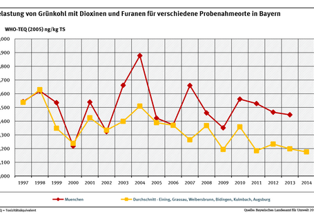 Belastungen der Grünkohlproben mit Dioxinen und Furanen waren in einer Großstadt wie München erwartungsgemäß in fast allen Jahren höher als der Durchschnitt der Belastungen in kleineren Städten und Orten in Bayern. 