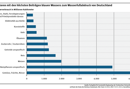 Diagramm: Die ersten 8 Sektoren mit den höchsten Beiträgen blauen Wassers zum Wasserfußabdruck von Deutschland gehören zur Landwirtschaft. Zur überwiegend im Ausland stattfindenden Bewässerung wurden für Gemüse, Früchte und Nüsse 5.960 Millionen m³ Wasser eingesetzt, für Nutzpflanzen 4.909 Millionen m³, für Weizen 1.980 Millionen m³ und für die Viehhaltung noch 353 Millionen m³.