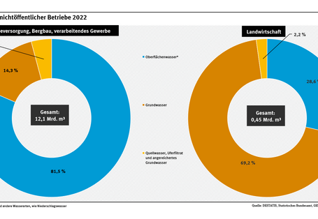 Diagramm: Energieversorgung, Bergbau und das verarbeitende Gewerbe entnahmen 2022 rund 12,1 Mrd. m³ Wasser, davon knapp 81,5 % aus Oberflächengewässern. Die Landwirtschaft entnahm 0,45 Mrd. m³ im Jahr 2022, davon waren knapp 70 % Grundwasser.