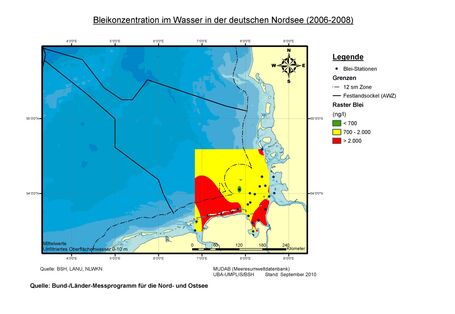 Von Blei wurden in den Jahren 2006 bis 2008 vor allem im küstennahen Wasser häufig hohe Gehalte gemessen. 