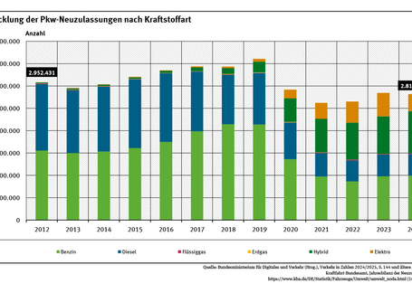 Diagramm: Im Jahr 2024 wurden 2.817.331 Pkw neu zugelassen. Das sind fast 800.000 Pkw weniger als 2019. Den größten Anteil hatten Benzin-Pkw mit 35,2 Prozent. Elektro-Pkw hatten einen Anteil von 13,5 Prozent.