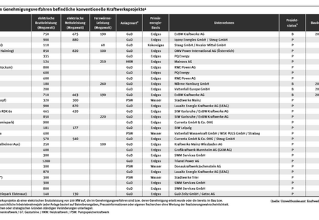 Die Tabelle zeigt geplante Kraftwerksprojekte, mit Angabe der geplanten Leistung und Energieträger. Die Projekte haben eine hohe Realisierungswahrscheinlichkeit.