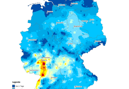 Die Karte zeigt die Anzahl Heißer Tage in Deutschland im Jahr 2005. Maximal gab es in diesem Jahr 34 Heiße Tage in Deutschland.