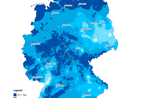 Die Karte zeigt die Anzahl Heißer Tage in Deutschland im Jahr 2007. Maximal gab es in diesem Jahr 20 Heiße Tage in Deutschland.