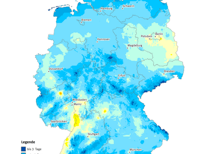 Die Karte zeigt die Anzahl Heißer Tage in Deutschland im Jahr 2010. Maximal gab es in diesem Jahr 21 Heiße Tage in Deutschland.