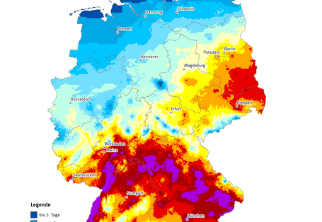 Die Karte zeigt die Anzahl Heißer Tage in Deutschland im Jahr 2015. Maximal gab es in diesem Jahr 40 Heiße Tage in Deutschland.