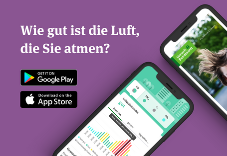Zwei Smartphones auf lila-farbenem Hintergrund. Aufschrift: Wie gut ist die Luft, die sie atmen?