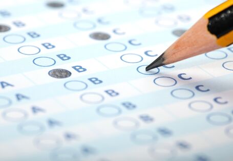 Ein Bleistift kreuzt auf einem Fragebogen Kästchen an.