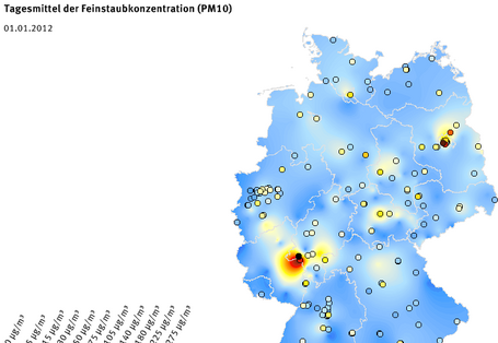 Tagesmittel der Feinstaubkonzentration (PM10) - Neujahr 2012