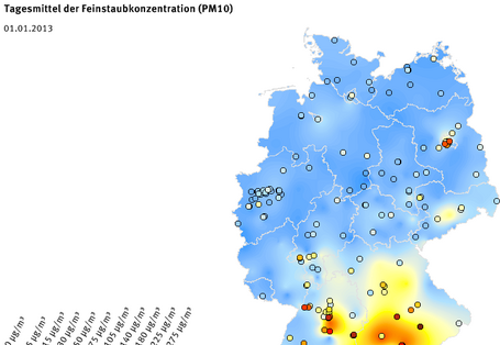 Tagesmittel der Feinstaubkonzentration (PM10) - Neujahr 2013