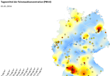 Tagesmittel der Feinstaubkonzentration (PM10) - Neujahr 2016