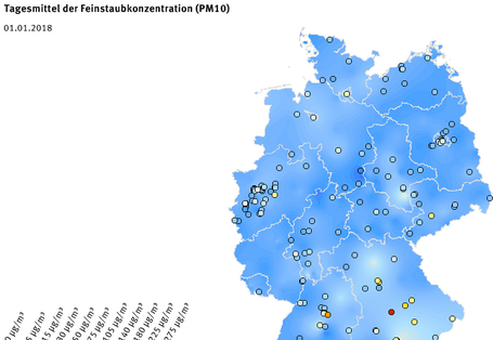 Tagesmittel der Feinstaubkonzentration (PM10) - Neujahr 2018