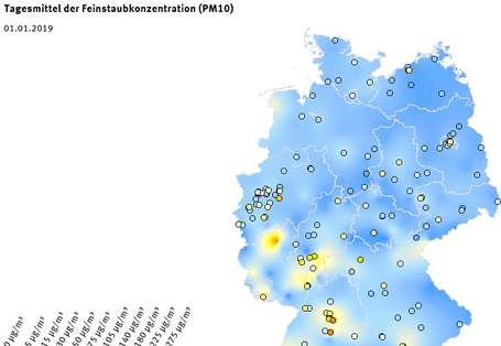 Tagesmittel der Feinstaubkonzentration (PM10) - Neujahr 2019