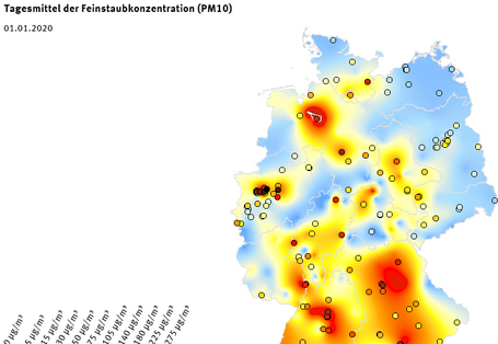 Tagesmittel der Feinstaubkonzentration (PM10) - Neujahr 2020