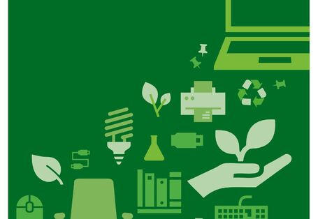 grüner Hintergund mit verschiedenen Icons aus dem Bürobereich, wie Bürostuhl, Laptop, Tastatur usw.