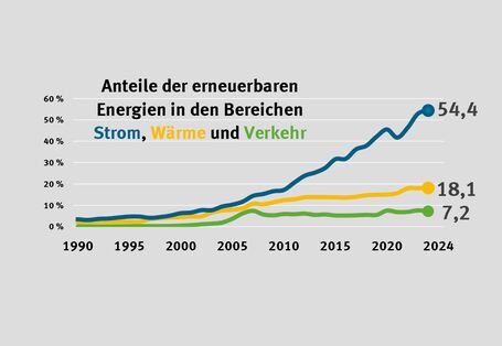 Anteile der erneuerbaren Energien in den Bereichen Strom, Wärme und Verkehr 2024