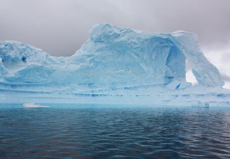 An appealing light blue iceberg floats in the nearly black water. The sky is gray and drab.