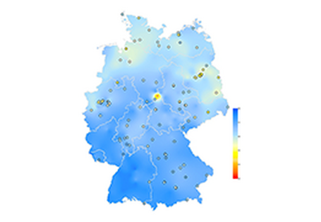 Die Deutschlandkarte ist entsprechend der jeweils regional gemessenen Luftschadstoffe rot, gelb oder blau eingefärbt.