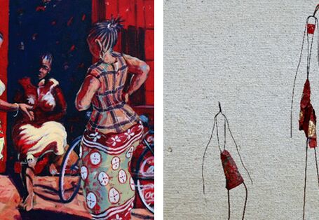 zwei Kunstwerke, eins davon zeigt drei Menschen von denen einer sein/ihr neues Fahrrad zeiegt