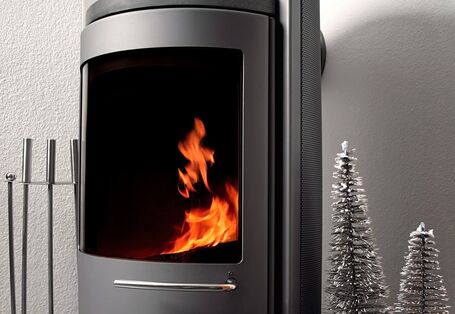 Ein Kaminofen mit Feuer und Brennholz