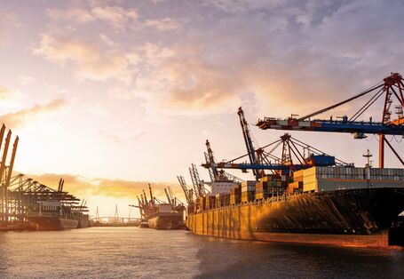 The picture shows a large container port beneath a low sun. Visible in the foreground are a laden container ship and a few loading cranes. In the background there is another container ship docked at the port.