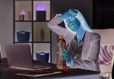 The picture shows a woman wearing a blouse and a blazer, sitting in an office in front of a laptop. In her left hand she is holding an open water bottle while wiping sweat off her brow with her right hand. The woman’s eyes are closed and her facial expression suggests exhaustion.