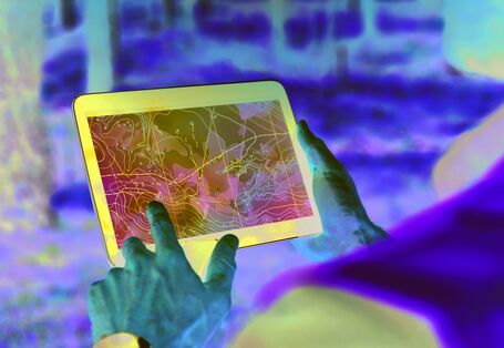 Das Bild zeigt Hände, die ein Tablet halten, auf dessen Bildschirm eine Karte mit Höhenlinien und weiteren Markierungen zu sehen ist. Der verschwommene Bildhintergrund zeigt, dass die Person, die das Tablet hält, in einem Wald steht.