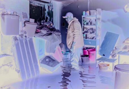 The picture shows a man standing in a flooded cellar, kneedeep in brown water. There are tins, cartons and flowerpots visible on a rack of shelves. Some synthetic buckets are standing in front of this rack with floodwater lapping round them. The man is looking at additional containers, pallets and synthetic bags piled up in front of him.