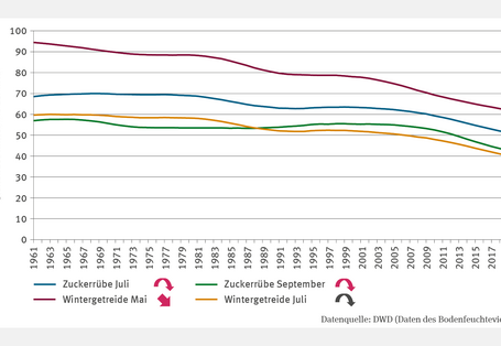 Die Abbildung BO-I-1 "Bodenwasser in landwirtschaftlich genutzten Böden" zeigt ein Liniendiagramm zur Entwicklung des Bodenwasservorrats (1961–2021) in Prozent der nutzbaren Feldkapazität. Das 31-jährige gleitende Mittel wird für Wintergetreide (Mai, Juli) und Zuckerrüben (Juli, September) dargestellt. Ein signifikant fallender Trend zeigt sich bei Wintergetreide im Mai, während die übrigen Linien Trends mit Trendumkehr hin zu fallenden Entwicklungen aufweisen.