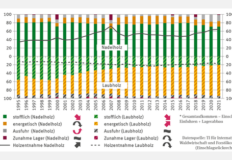 Das zweiachsige Diagramm FW-R-4 „Rohholzverwendung“ zeigt die Nutzung von Nadel- und Laubholz. Die gesamte Holzentnahme stieg beim Nadelholz und sank beim Laubholz. Gestapelte Säulen bilden die Anteile stofflicher, energetischer Nutzung, Ausfuhr und Lagerzunahme ab. Beim Nadelholz überwiegt die stoffliche Nutzung mit zuletzt rund 70 %, ihr Anteil sank von 1995 bis 2021 signifikant. Beim Laubholz dominiert die energetische Nutzung mit etwa 75 %, ihr Anteil stieg im selben Zeitraum deutlich.